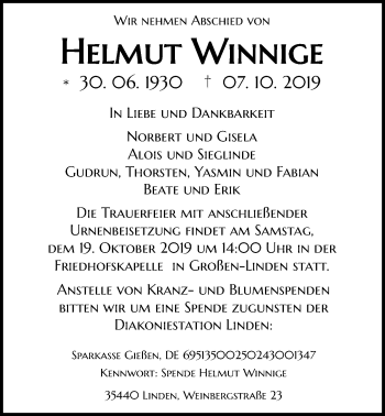 Traueranzeige von Helmut Winnige von Giessener Allgemeine, Alsfelder Allgemeine