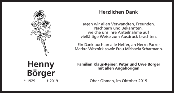 Traueranzeige von Henny Börger von Alsfelder Allgemeine