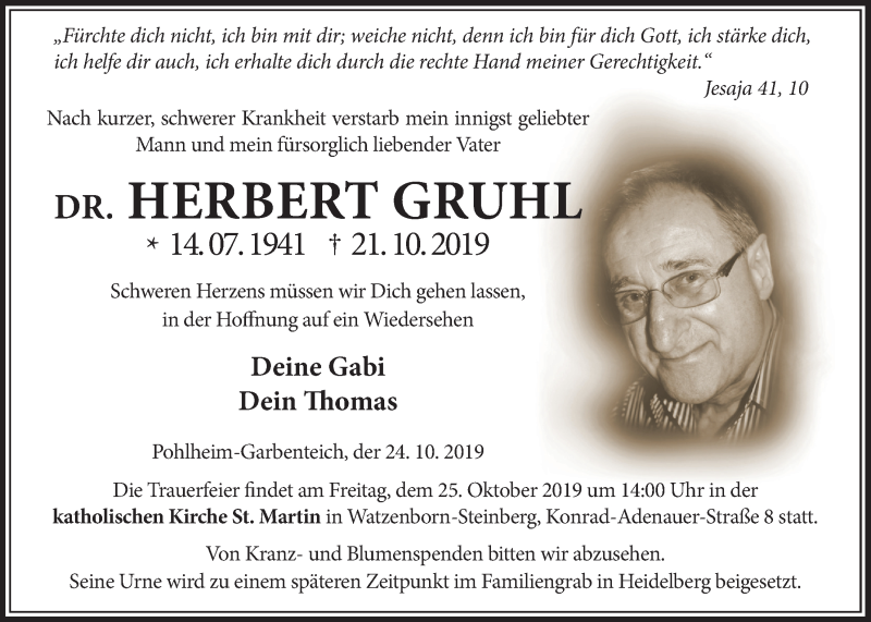  Traueranzeige für Herbert Gruhl vom 24.10.2019 aus Giessener Allgemeine, Alsfelder Allgemeine