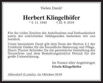 Traueranzeige von Herbert Klingelhöfer von Allendorfer Mitteilungen