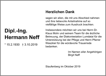 Traueranzeige von Hermann Neff von Giessener Allgemeine, Alsfelder Allgemeine