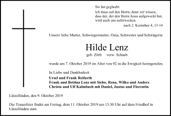 Traueranzeige von Hilde Lenz von Giessener Allgemeine, Alsfelder Allgemeine