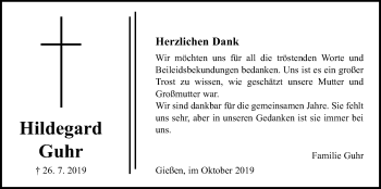 Traueranzeige von Hildegard Guhr von Giessener Allgemeine, Alsfelder Allgemeine