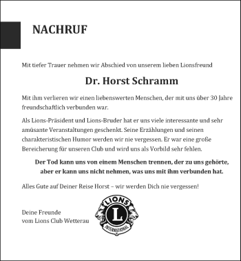 Traueranzeige von Horst Schramm von Wetterauer Zeitung