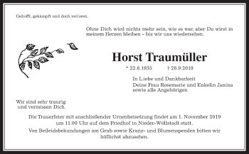 Traueranzeige von Horst Traumüller von Wetterauer Zeitung