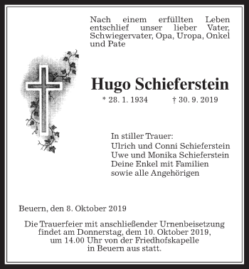 Traueranzeige von Hugo Schieferstein von Giessener Allgemeine, Alsfelder Allgemeine