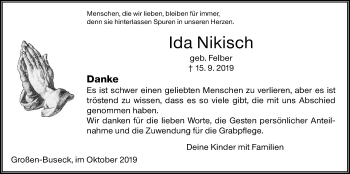 Traueranzeige von Ida Nikisch von Giessener Allgemeine, Alsfelder Allgemeine