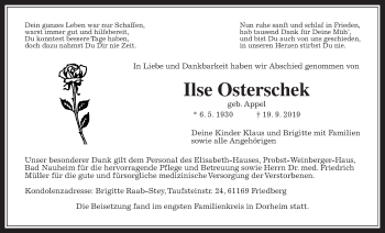 Traueranzeige von Ilse Osterschek von Wetterauer Zeitung