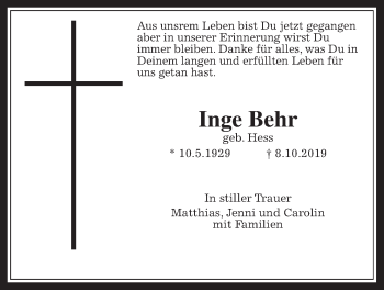 Traueranzeige von Inge Behr von Wetterauer Zeitung