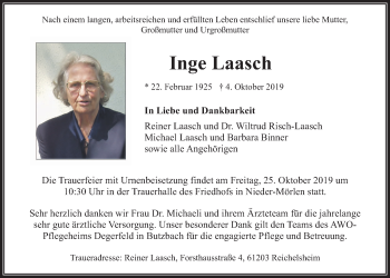Traueranzeige von Inge Laasch von Wetterauer Zeitung