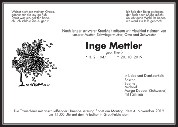 Traueranzeige von Inge Mettler von Alsfelder Allgemeine, Giessener Allgemeine