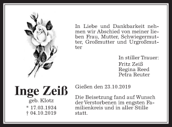 Traueranzeige von Inge Zeiß von Giessener Allgemeine, Alsfelder Allgemeine