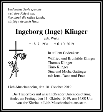 Traueranzeige von Ingeborg Klinger von Licher Wochenblatt