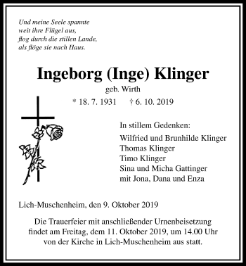 Traueranzeige von Ingeborg Klinger von Giessener Allgemeine, Alsfelder Allgemeine