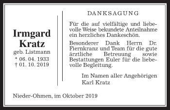 Traueranzeige von Irmgard Kratz von Mücker Stimme