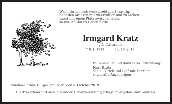 Traueranzeige von Irmgard Kratz von Alsfelder Allgemeine