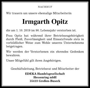 Traueranzeige von Irmgarth Opitz von Giessener Allgemeine, Alsfelder Allgemeine