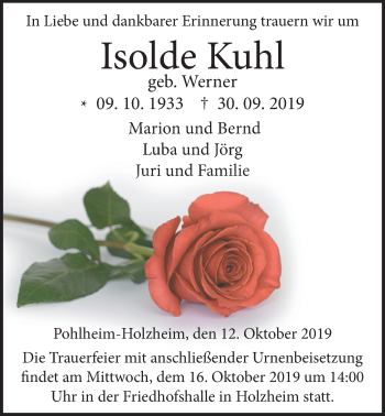 Traueranzeige von Isolde Kuhl von Giessener Allgemeine, Alsfelder Allgemeine