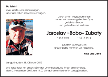 Traueranzeige von Jaroslav Zubaty von Giessener Allgemeine, Alsfelder Allgemeine