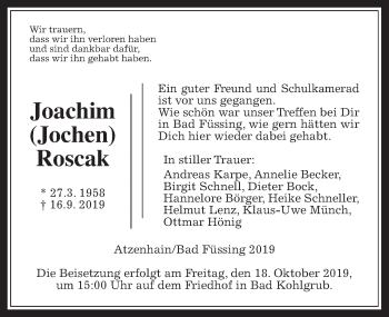 Traueranzeige von Joachim Roscak von Giessener Allgemeine, Alsfelder Allgemeine