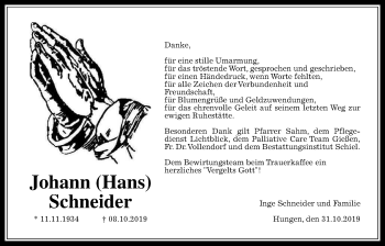 Traueranzeige von Johann (Hans) Schneider von Licher Wochenblatt