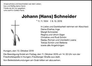 Traueranzeige von Johann Schneider von Licher Wochenblatt