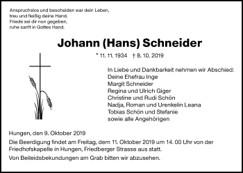 Traueranzeige von Johann Schneider von Giessener Allgemeine, Alsfelder Allgemeine