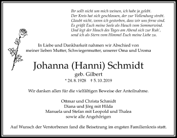 Traueranzeige von Johanna Schmidt von Bad Vilbel/Karben