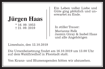 Traueranzeige von Jürgen Haas von Wetterauer Zeitung