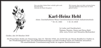 Traueranzeige von Karl-Heinz Hehl von Giessener Allgemeine, Alsfelder Allgemeine
