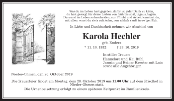 Traueranzeige von Karola Hechler von Alsfelder Allgemeine