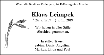 Traueranzeige von Klaus Leimpek von Giessener Allgemeine, Alsfelder Allgemeine