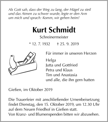 Traueranzeige von Kurt Schmidt von Giessener Allgemeine, Alsfelder Allgemeine