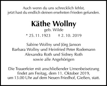 Traueranzeige von Käthe Wollny von Giessener Allgemeine, Alsfelder Allgemeine