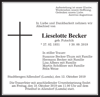 Traueranzeige von Lieselotte Becker von Giessener Allgemeine, Alsfelder Allgemeine