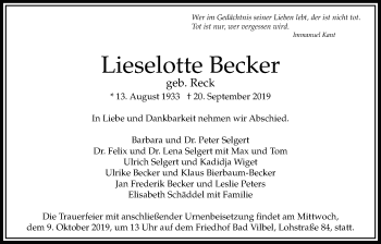 Traueranzeige von Lieselotte Becker von Bad Vilbel/Karben
