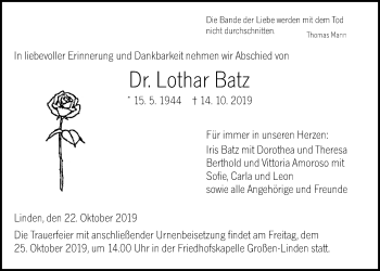 Traueranzeige von Lothar Batz von Giessener Allgemeine, Alsfelder Allgemeine