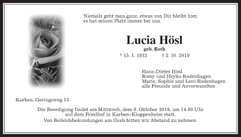 Traueranzeige von Lucia Hösl von Wetterauer Zeitung