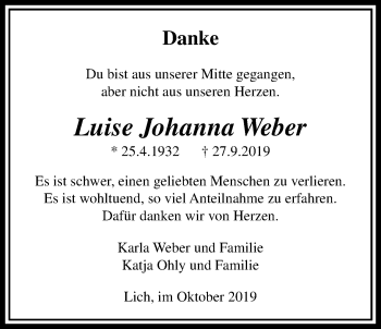 Traueranzeige von Luise Johanna Weber von Licher Wochenblatt
