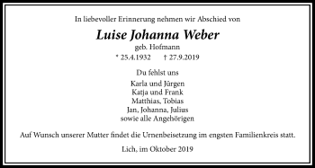 Traueranzeige von Luise Johanna Weber von Licher Wochenblatt