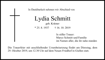 Traueranzeige von Lydia Schmitt von Giessener Allgemeine, Alsfelder Allgemeine