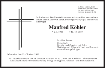 Traueranzeige von Manfred Köhler von Giessener Allgemeine, Alsfelder Allgemeine