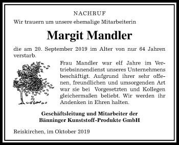 Traueranzeige von Margit Mandler von Giessener Allgemeine, Alsfelder Allgemeine