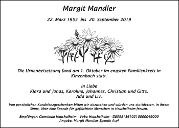 Traueranzeige von Margit Mandler von Giessener Allgemeine, Alsfelder Allgemeine