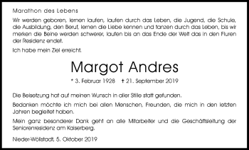 Traueranzeige von Margot Andres von Wetterauer Zeitung