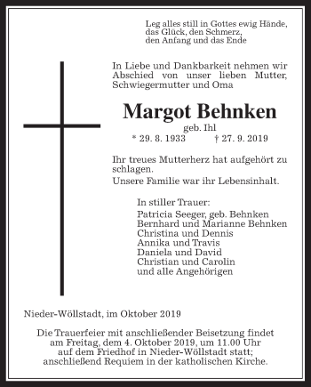 Traueranzeige von Margot Behnken von Giessener Allgemeine, Alsfelder Allgemeine