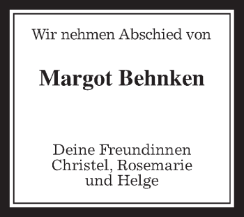 Traueranzeige von Margot Behnken von Wetterauer Zeitung