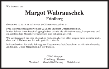 Traueranzeige von Margot Wabrauschek von Wetterauer Zeitung