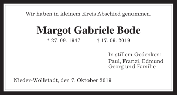 Traueranzeige von Margot Gabriele Bode von Wetterauer Zeitung, Giessener Allgemeine, Alsfelder Allgemeine