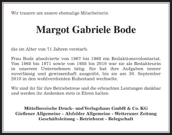 Traueranzeige von Margot Gabriele Bode von Wetterauer Zeitung